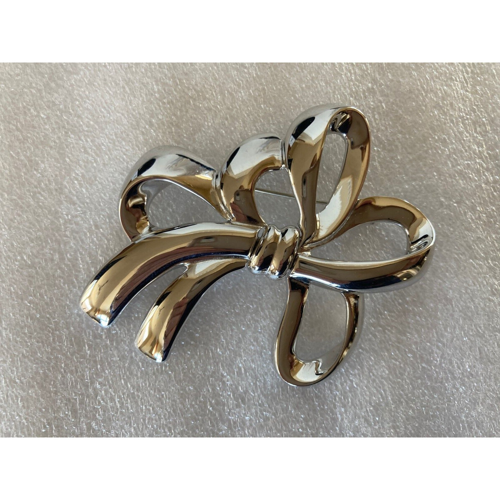 Vintage Monet Silver Tone Large Bow Brooch Pin Signed